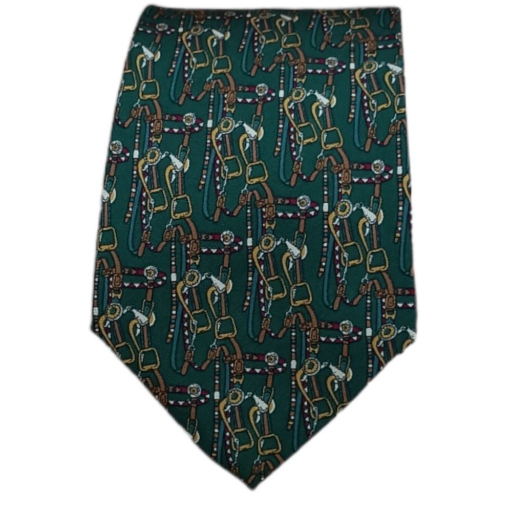 SALVATORE FERRAGAMO Green Equestrian Silk Tie ITALY 58"/ 3.5" EC